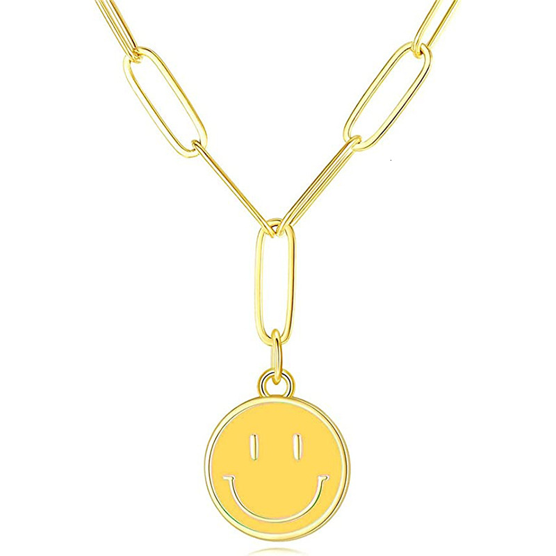 Top Source Gold Stainless Steel Rectangular Chain Colorful Smiling Face Pendant Women's Necklace Jewelry