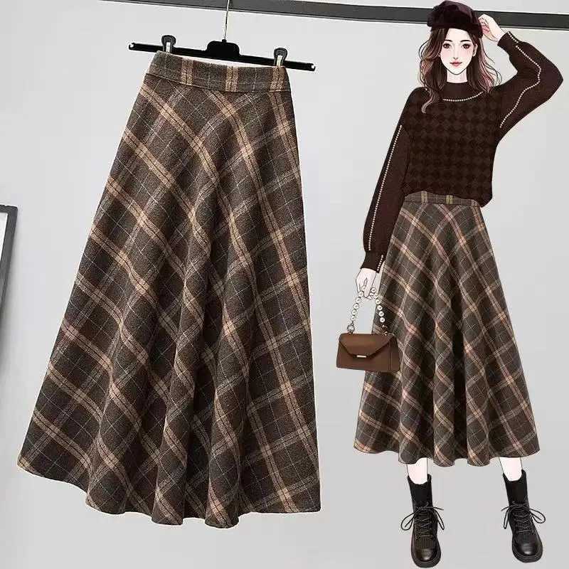 Rimocy autumn winter wool leather pants for women Korean style thick waist long leather pants for women pleated checkered leather pants M250424