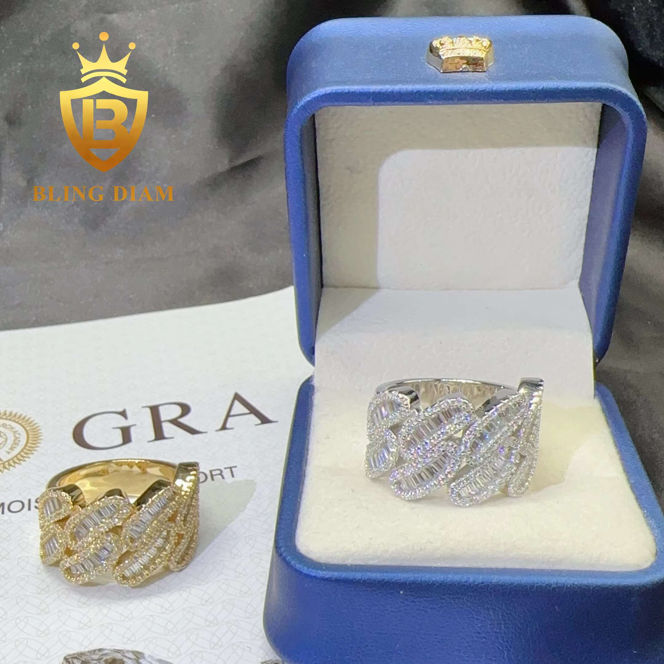 Drop Shipping New baguette Cut Hip Hop Ring Pass Diamond Tester S925 Silver VVS Moisssanite Rapper Band Ring
