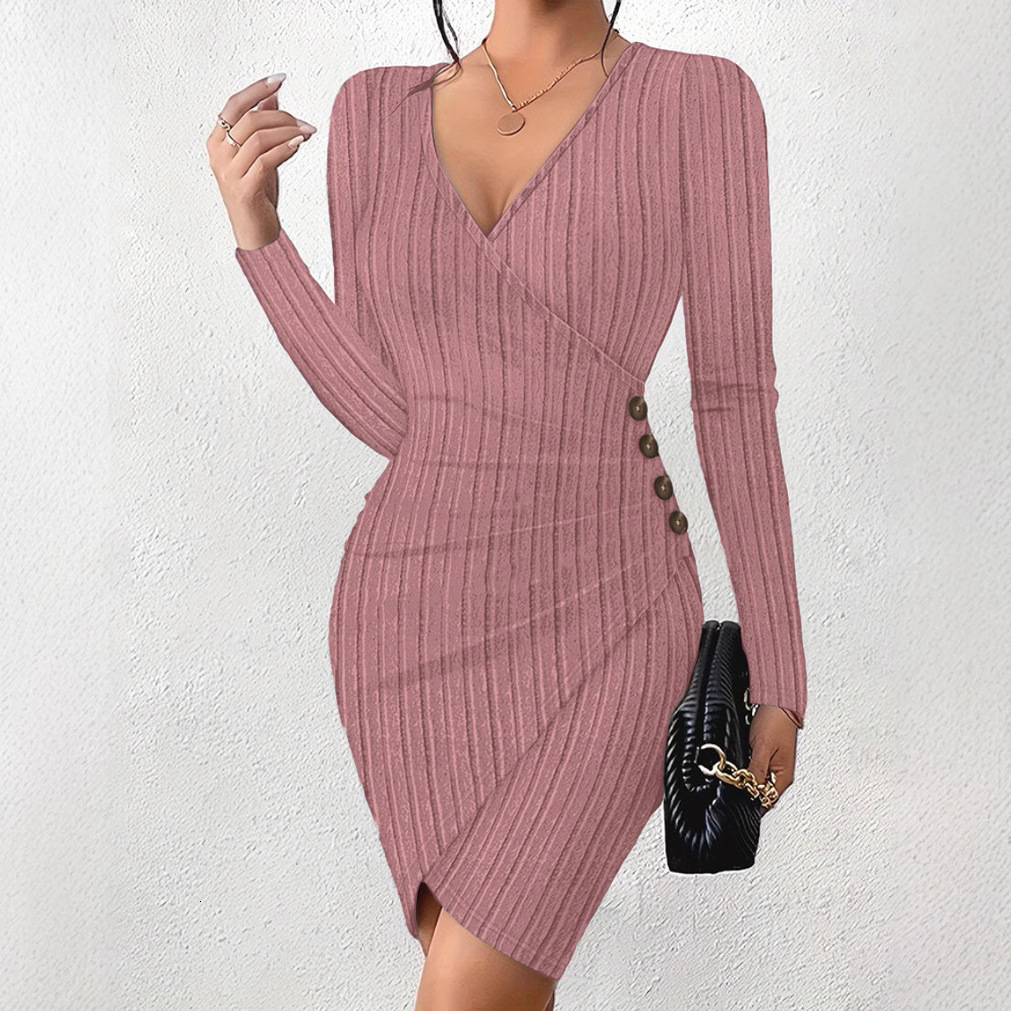 2023 autumn and winter new solid color V-neck tight fitting bag hip slimming sexy long sleeved dress for women