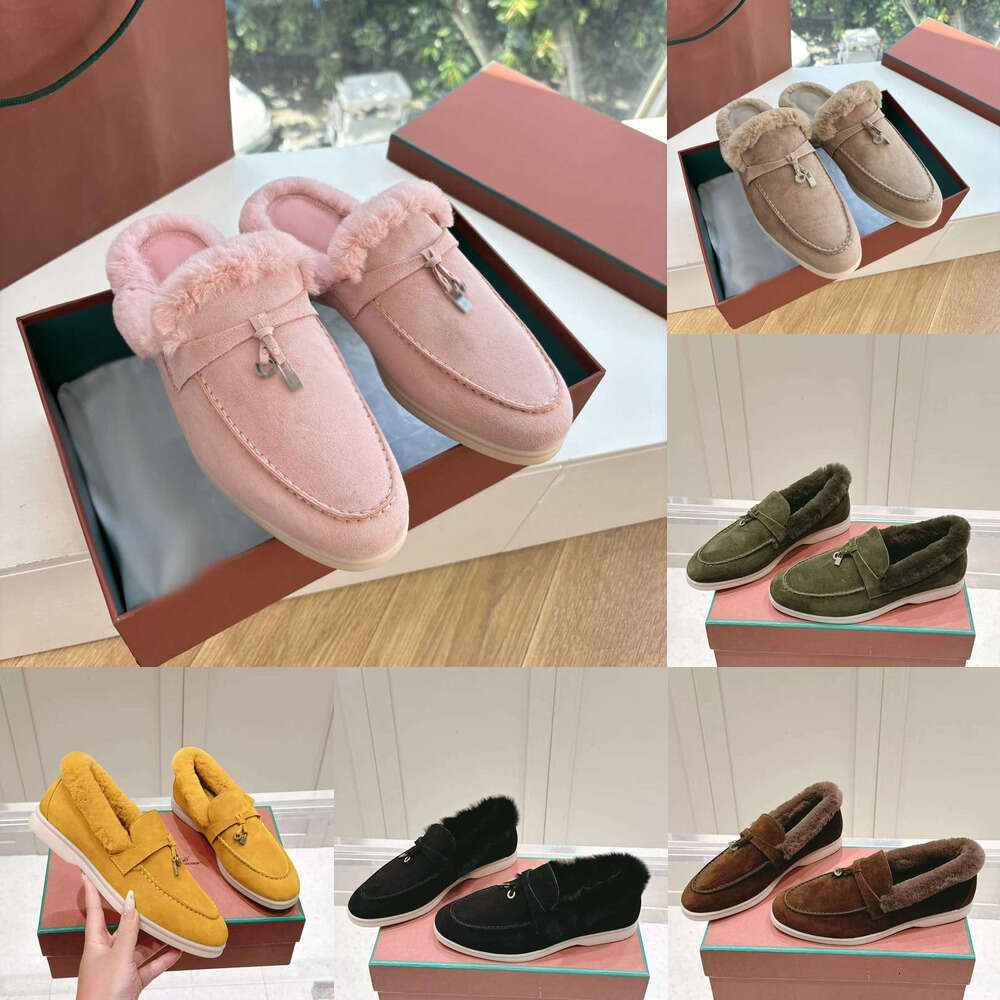 Luxury shoe Designer loafer womens mule clog sandal Round Toe Flat Suede leather warm winter Mule sabot Retro fluffy Furry Slippers fur slide loafer shoe casual shoes