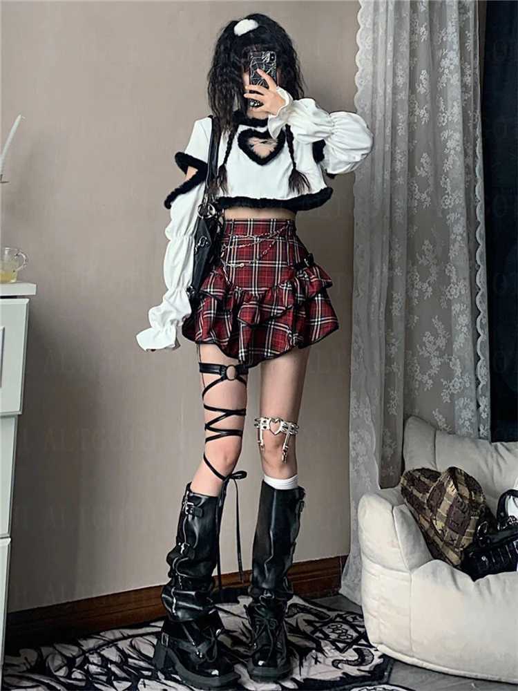 AltGoth Punk Gothic Red Checkered Skirt Womens Retro Y2k E-girl Emo Alt Waist Cake Skirt Harajuku Fairycore Grunge Clubwear M250424