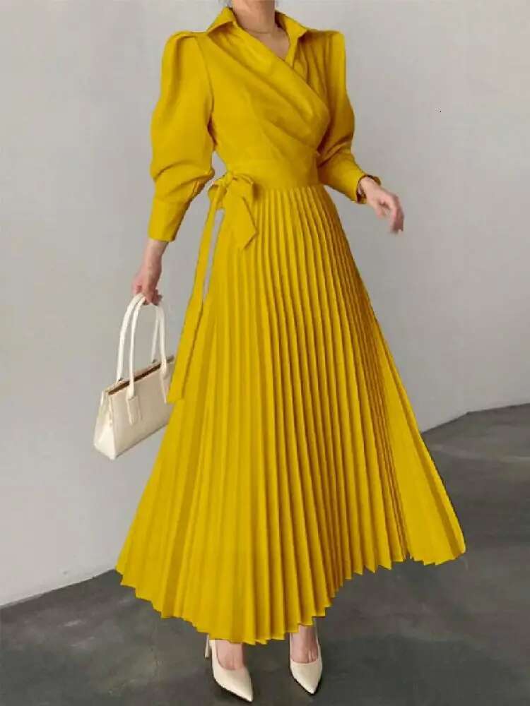 Spring Women Solid Color Puff Sleeves Lace-Up Waist A-Line Pleated Dresses Elegant Commuter Dress For Office Ladies