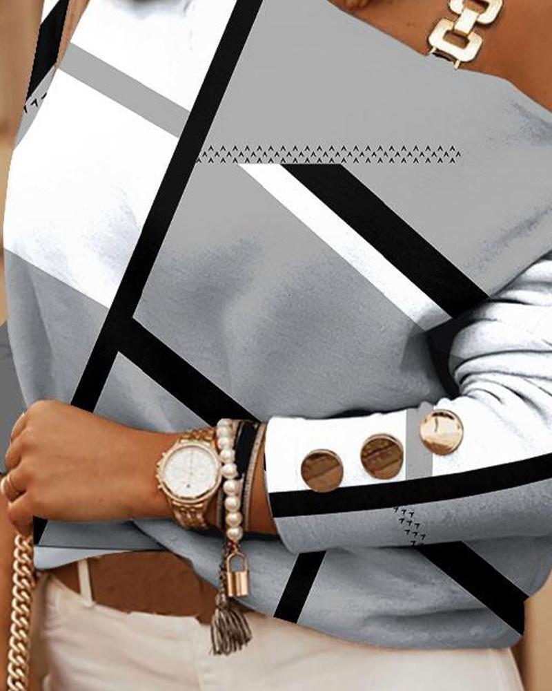 Autumn and Winter 2022 Long Sleeve Chain Neck Print Button Decorative Top Women
