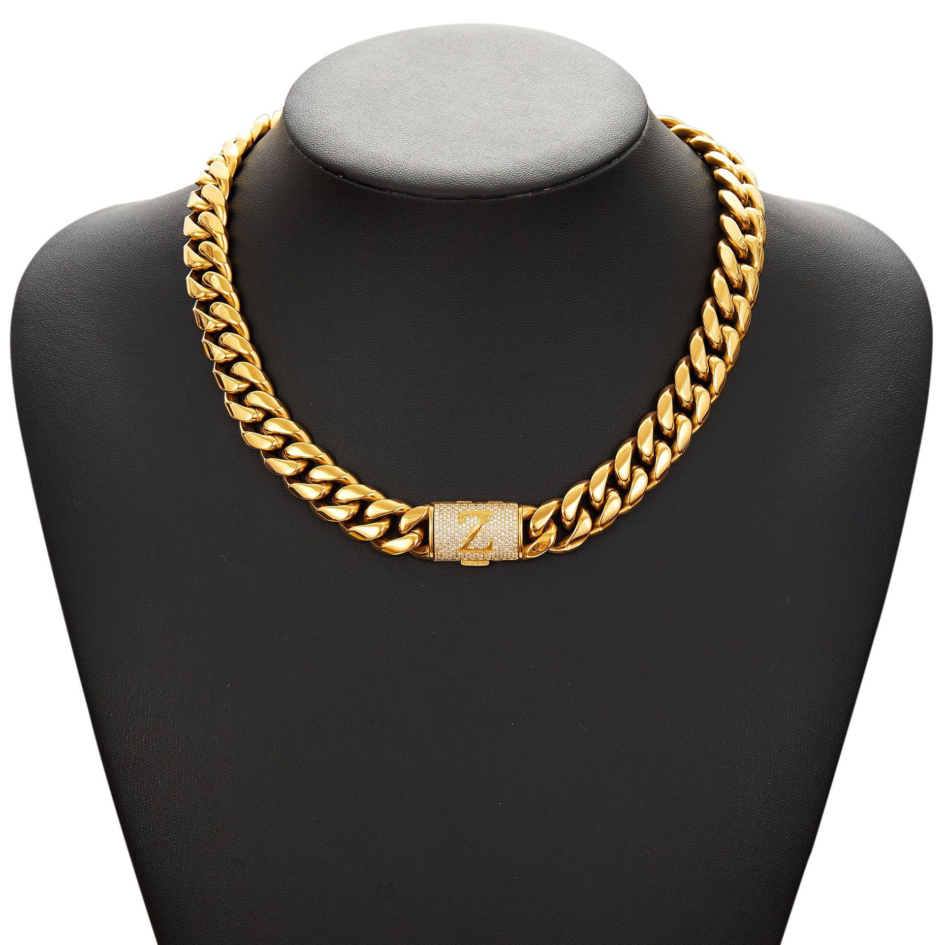 26-letter flip-top clasp high jewelry pendant necklace, Choker custom link gold chain, 14mm Miami Cuban chain necklace