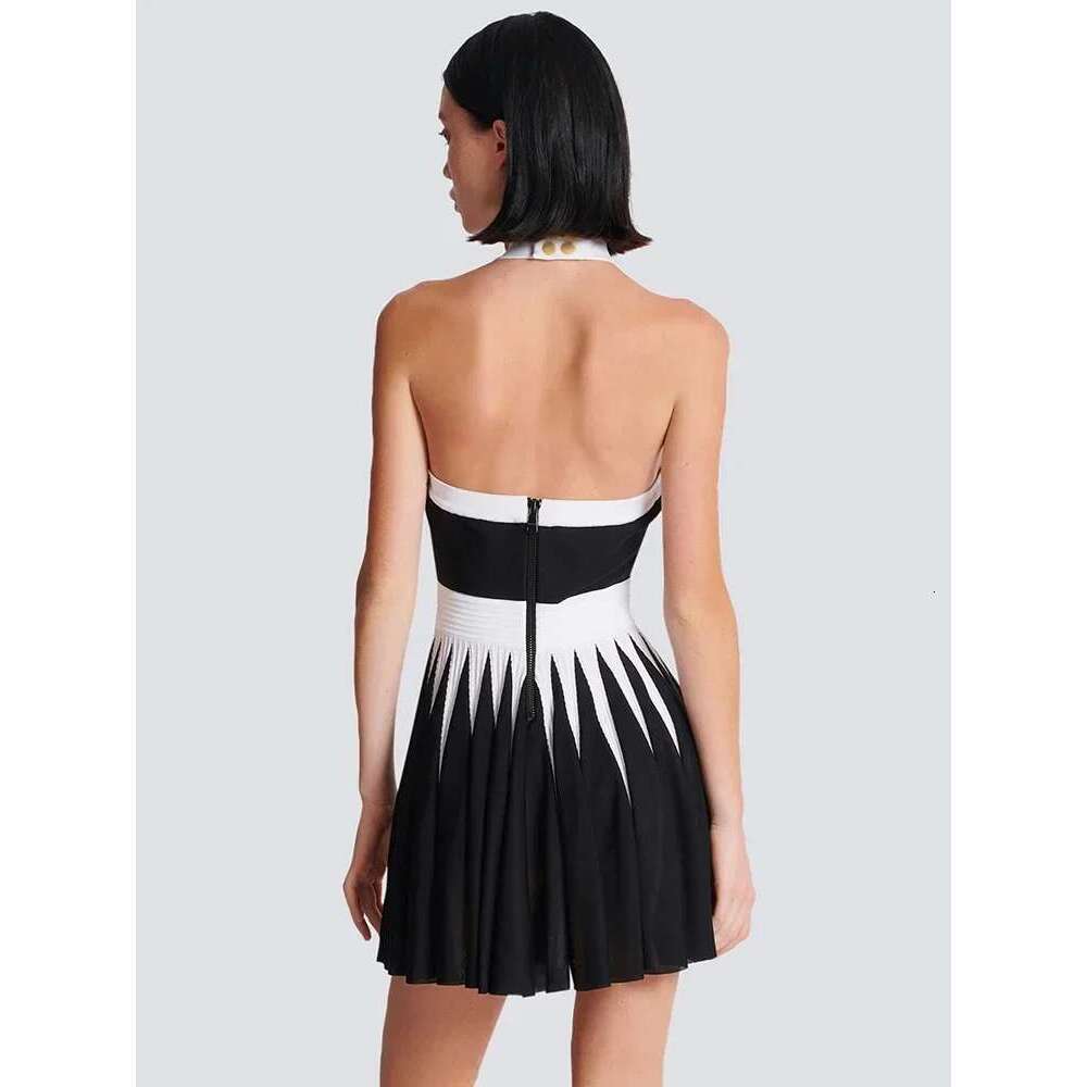GPBD 2025 New Summer Women's Black And White Stripe Button 3D Rose Halter Backless Pleated Sexy Sleeveless Knitted Mini Dress