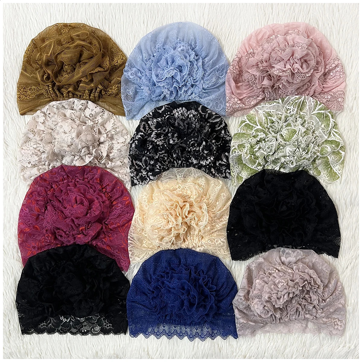 Muslim Women Headscarf Hollow Lace Elastic Space Layer Fabric Applique Headwear Solid Indian Bean Hair Hat Lady Hat 250420