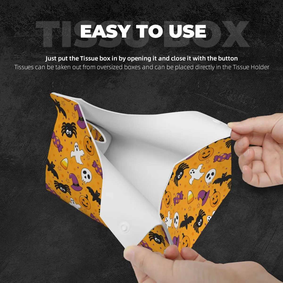 Custom Halloween Pumpkins Ghosts Bats Skulls Tissue Box Cover for Bathroom Home Rectangular PU Leather Facial Tissue Box HolderM251124