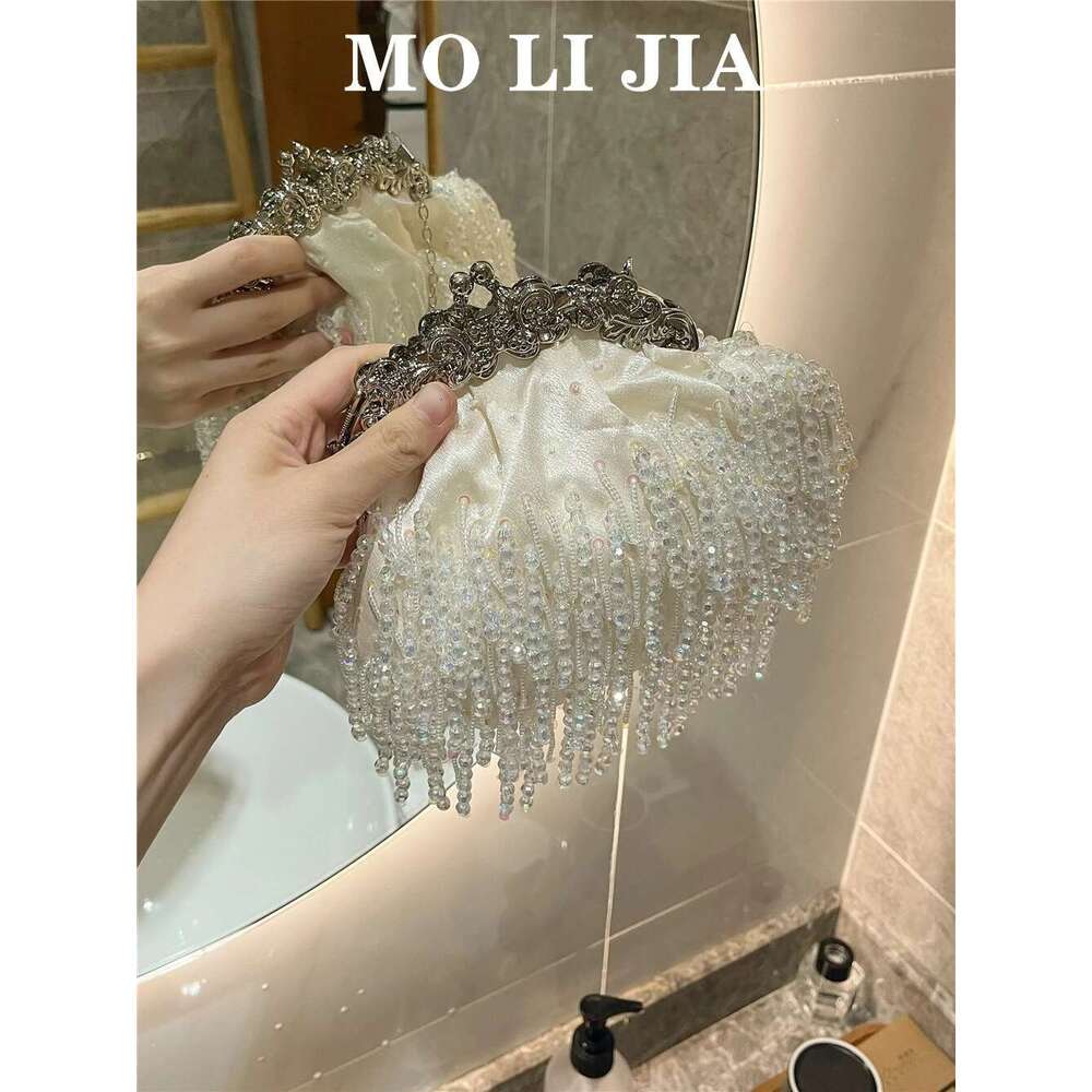 Designer Bag 2025 Designer White Satin Women Handbag Pearl Beaded Tassel Evening Wedding Party Clutch Purse Shoulder Crossbody Bag Luxury Bag