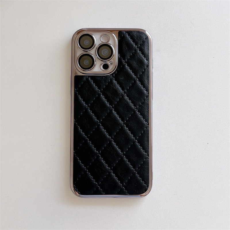 Electroplated Edge Diamond Grid Phone Case Compatible with iPhone 17 Pro Max Solid Color Faux Leather Case iPhone 16/15