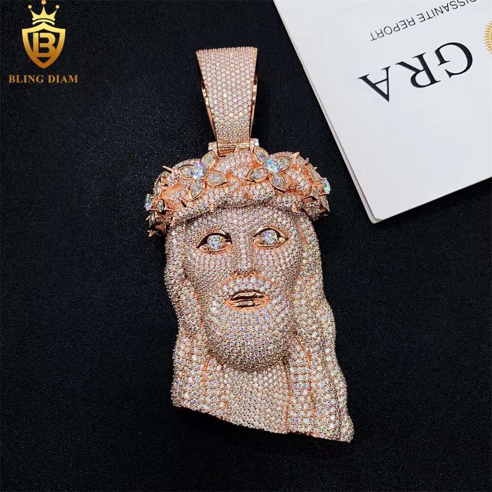Hip Hop Jewelry Vvs Moissanite Jesus Pendant Flower Bezel Pear Shape Diamond 925 Sterling Silver Rose Gold Plated