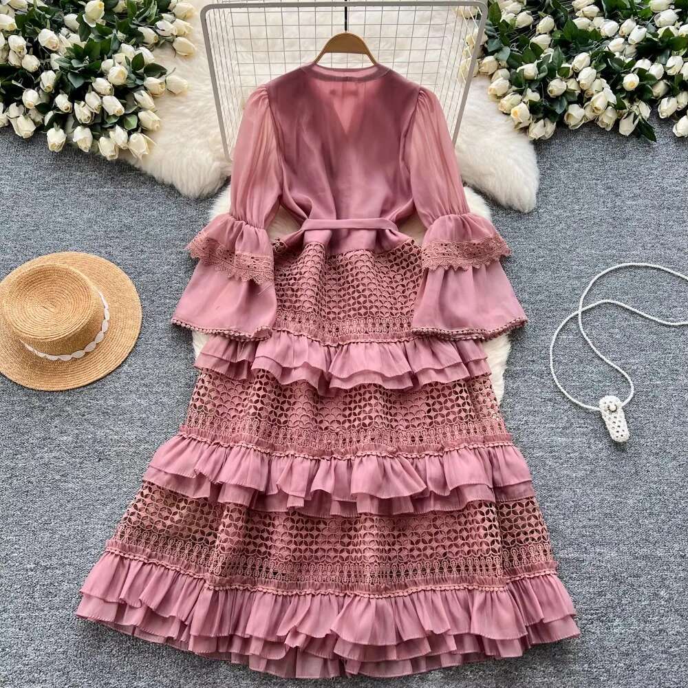 Elegant Hollow Out Lace V-Neck Vintage Flare Sleeves Chic Bandage Slim A-Line Cake Long Dresses French High Street Clothing
