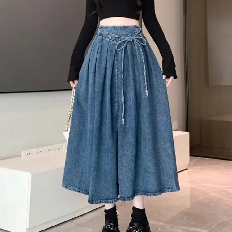 Vintage lace up denim womens spring petite mid length dress with high waist and elegant Aline skiing 250417