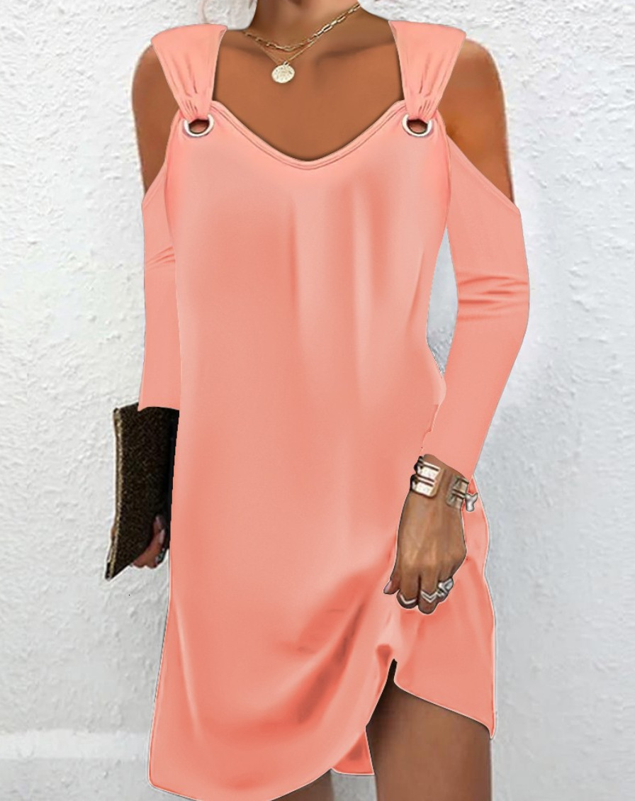 2023 Autumn Simple Solid Color Metal Button V-neck Button Dress for Women
