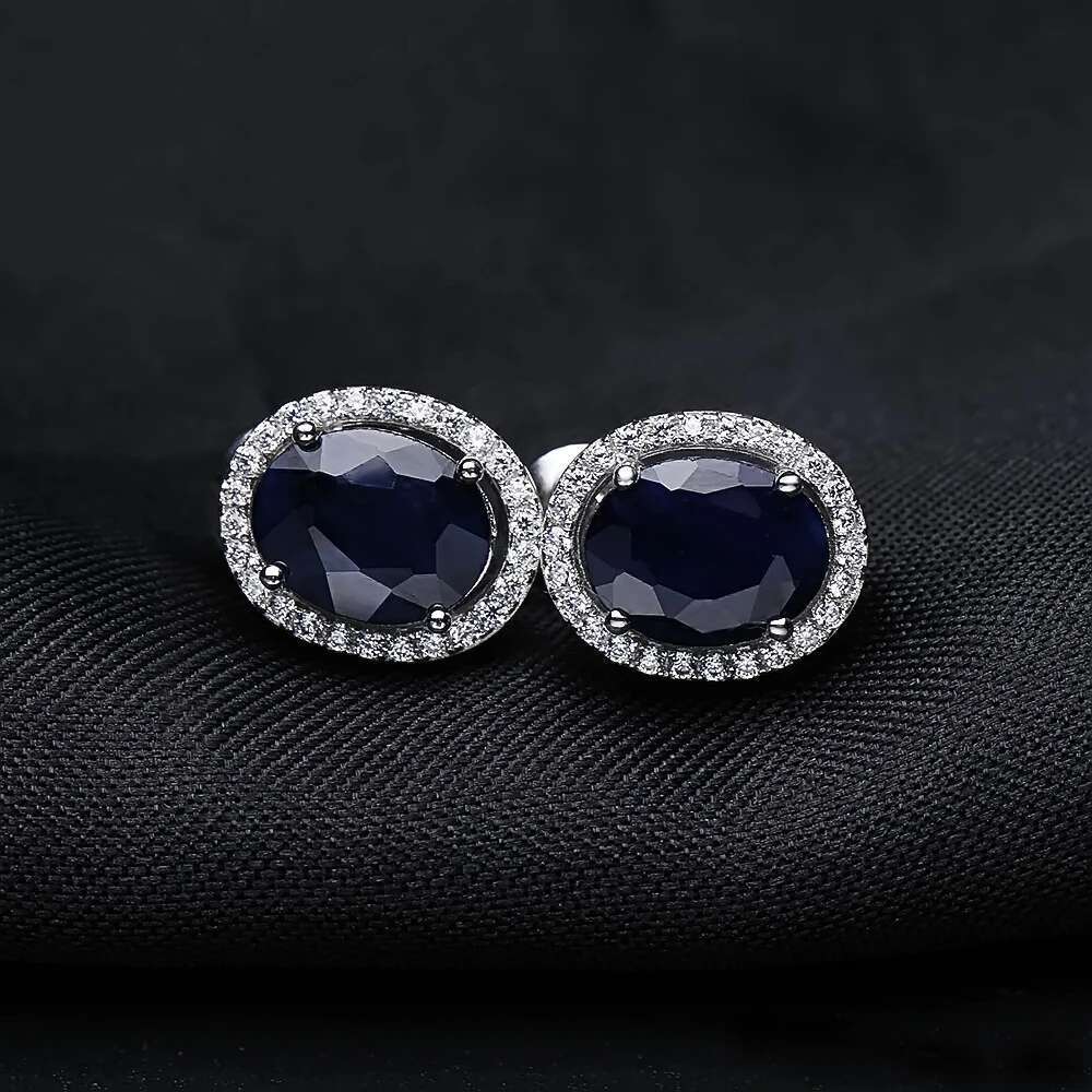 GEM'S BALLET 7x9mm Natural Blue Sapphire sterling sier Gemstone Stud Earrings Vintage Fine Jewelry Women Gift Fashion