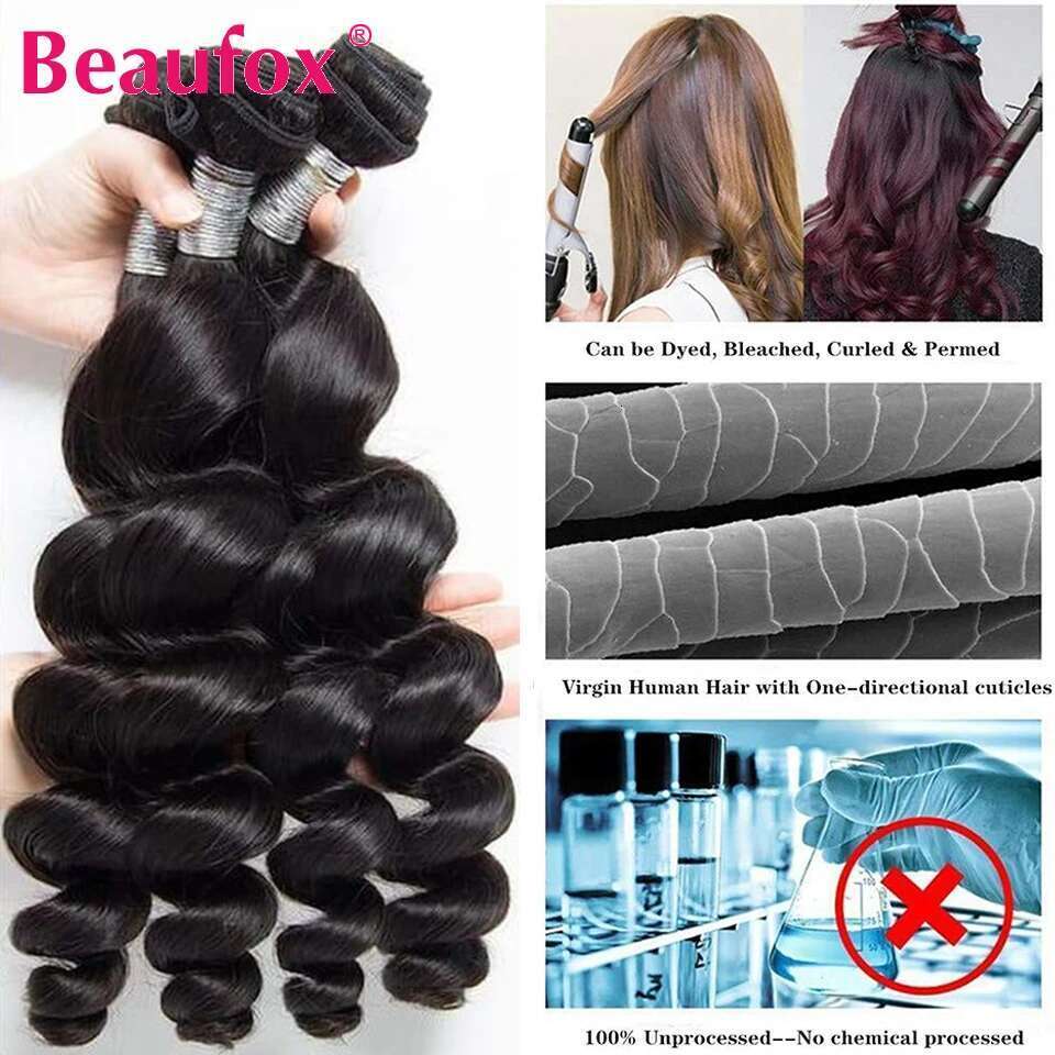 Beaufox Loose Wave Indian Weave 3/4 Bundles With Lace Closure Wavy Human Hair Extensions