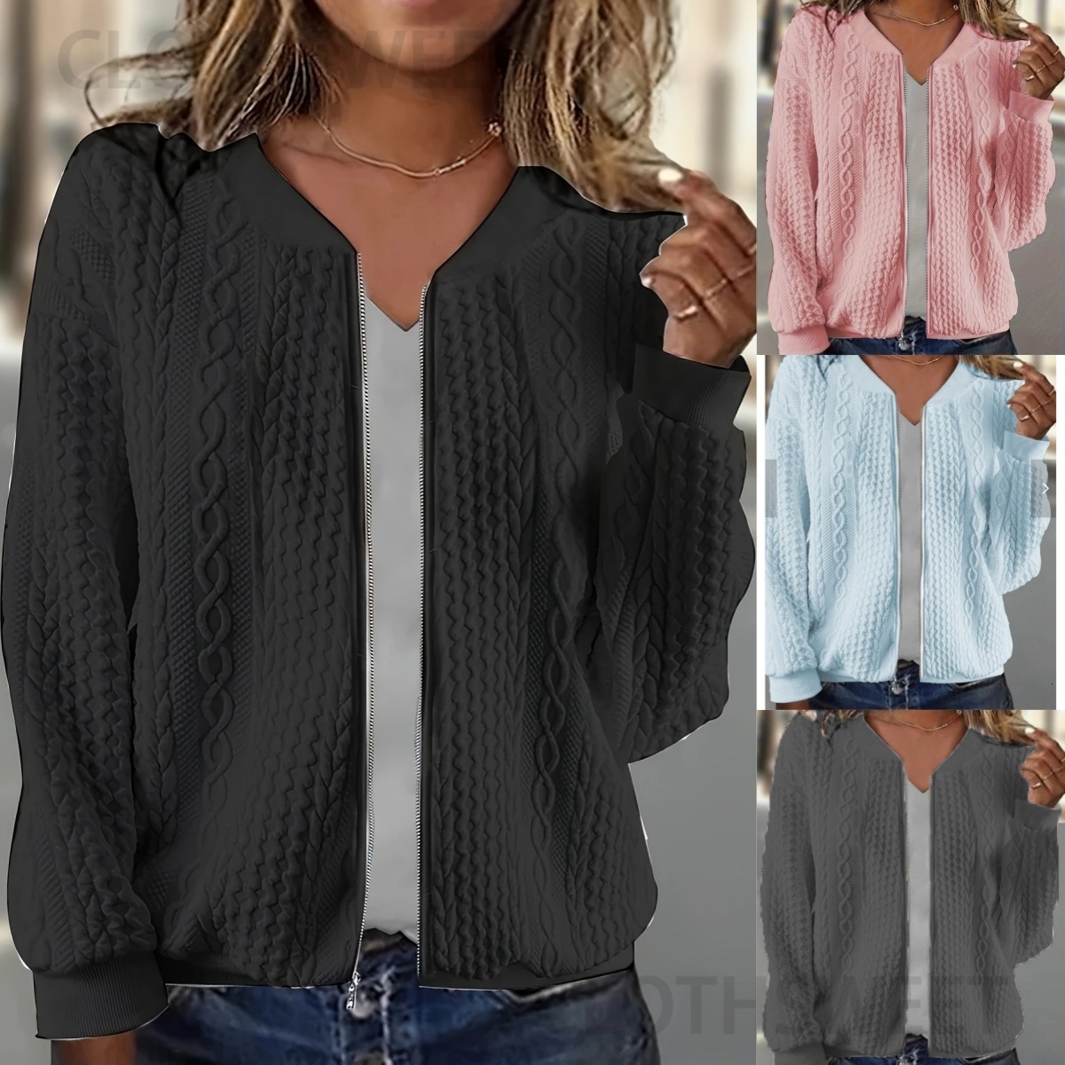 2024 autumn and winter new comfortable loose jacquard stand up collar zipper long sleeved sweatshirt jacket womens clothing