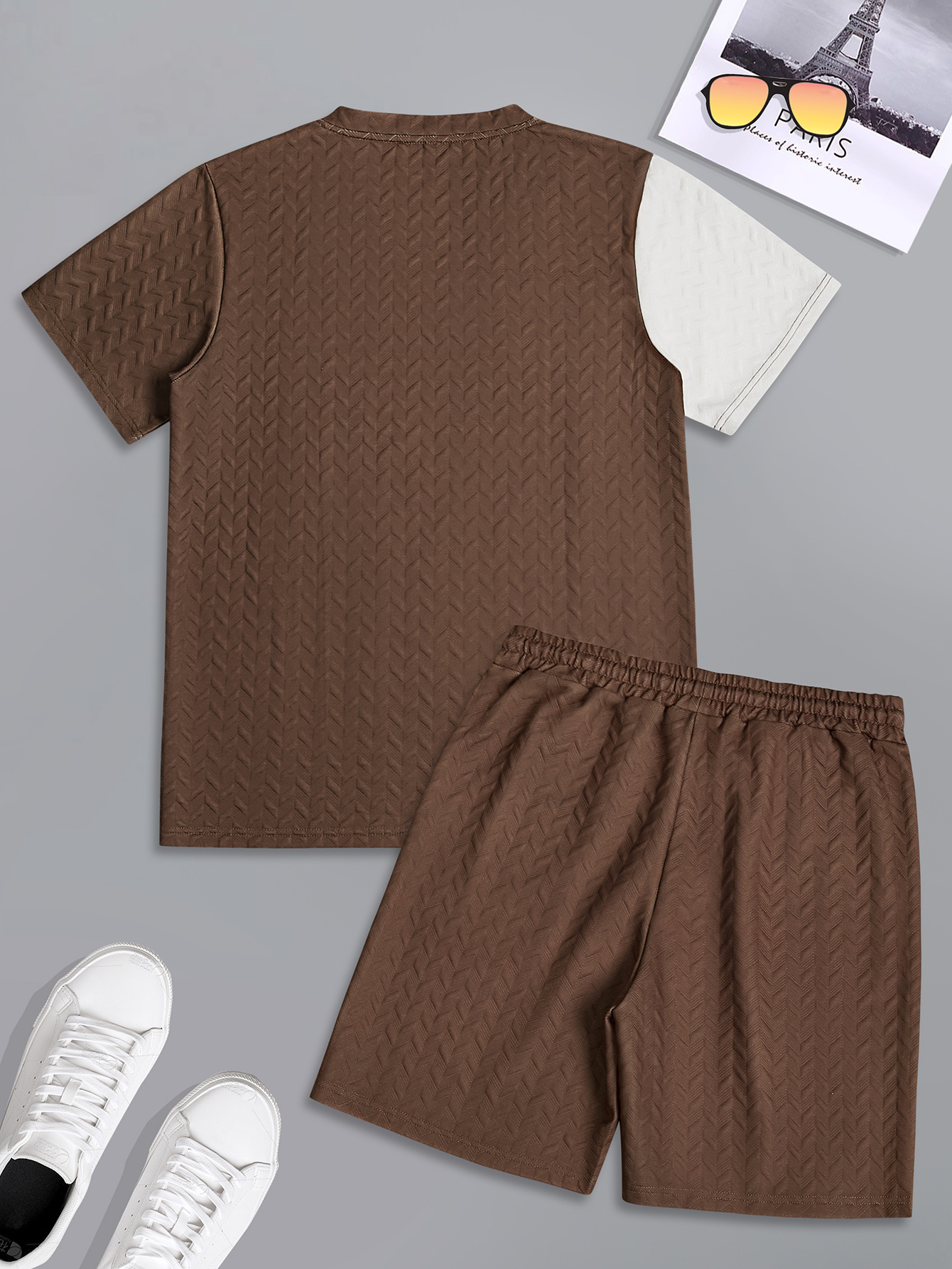 Spring and summer new style pit stripe texture short sleeved shorts set, men's daily casual two-piece set, simple and fashionable solid color bea