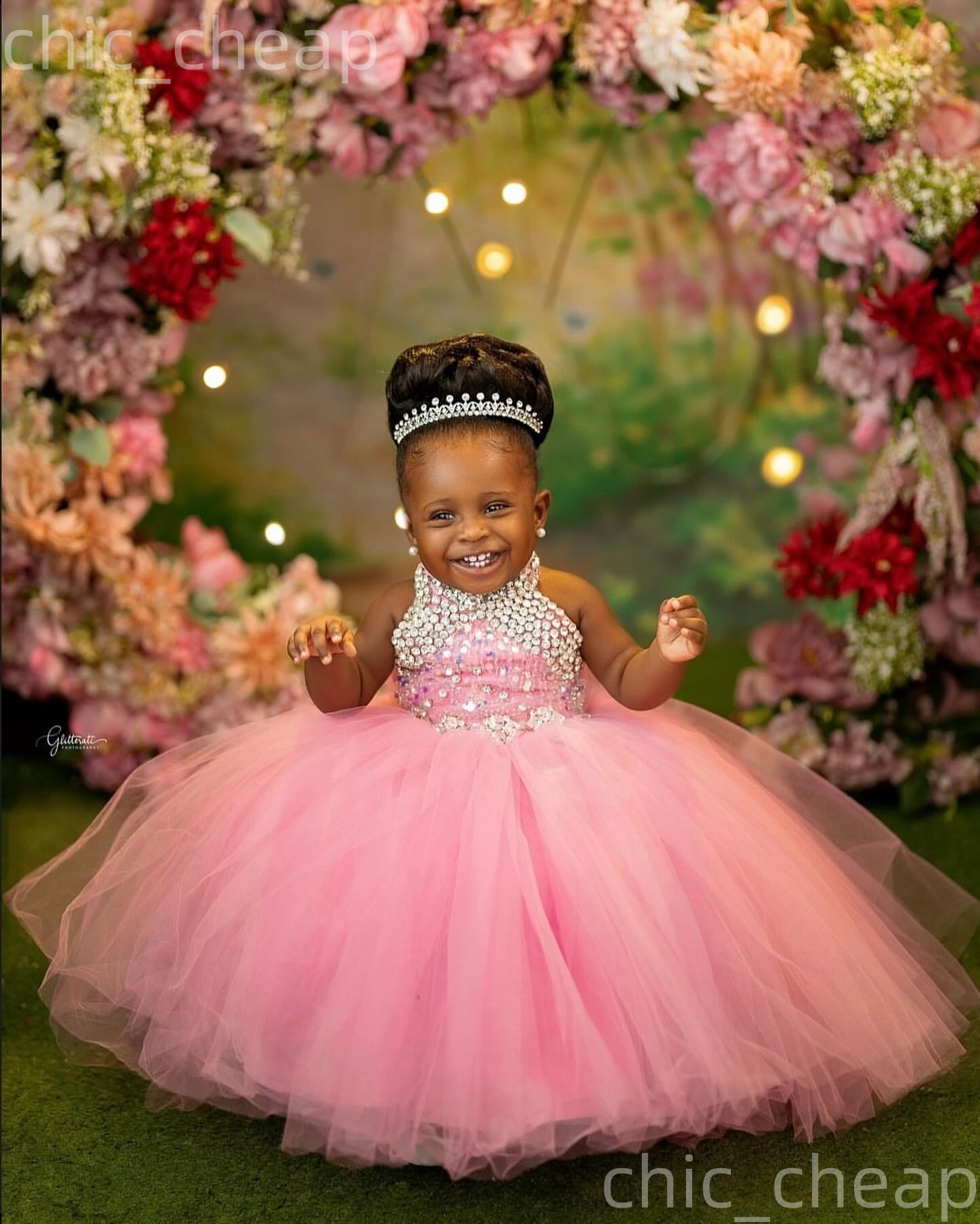 2026 Pink Ball Gown Flower Girl Dresses Crystals Halter Tulle Little Girl Christmas Peageant Birthday Christening Tutu Dress Gowns ZJ422