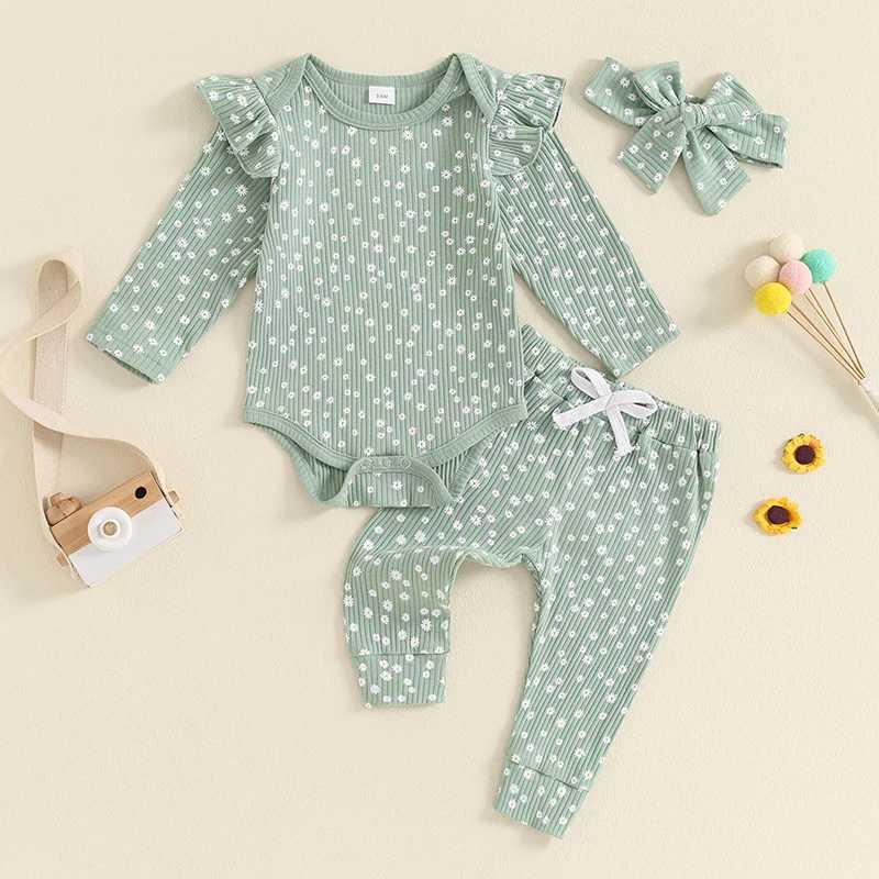 Clothing Sets 2024-05-22 Lioraitiin Baby Girl Fall Outfit Floral Long Sleeve Ribbed Romper Elastic Waist Pants with Bow Headband 3 Piece Set R250424