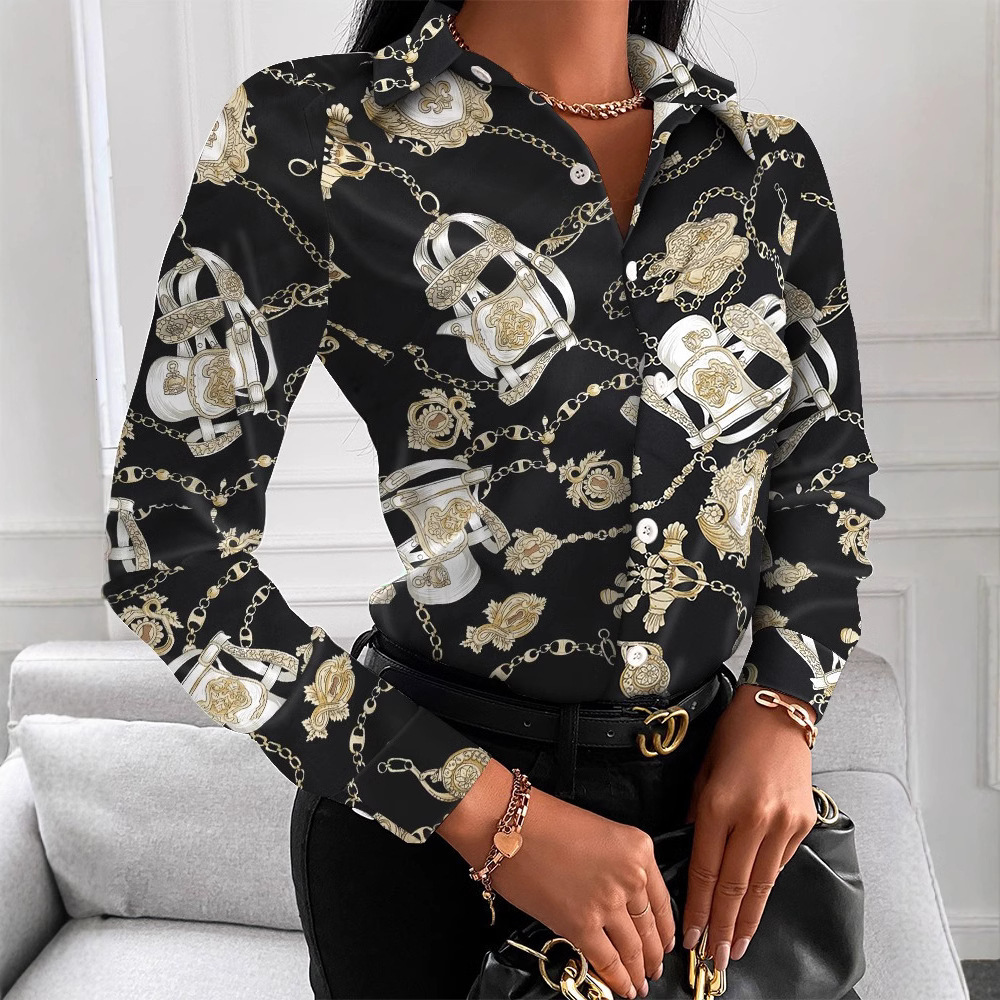 2021 autumn loose long sleeve V-neck button printed shirt womens wear