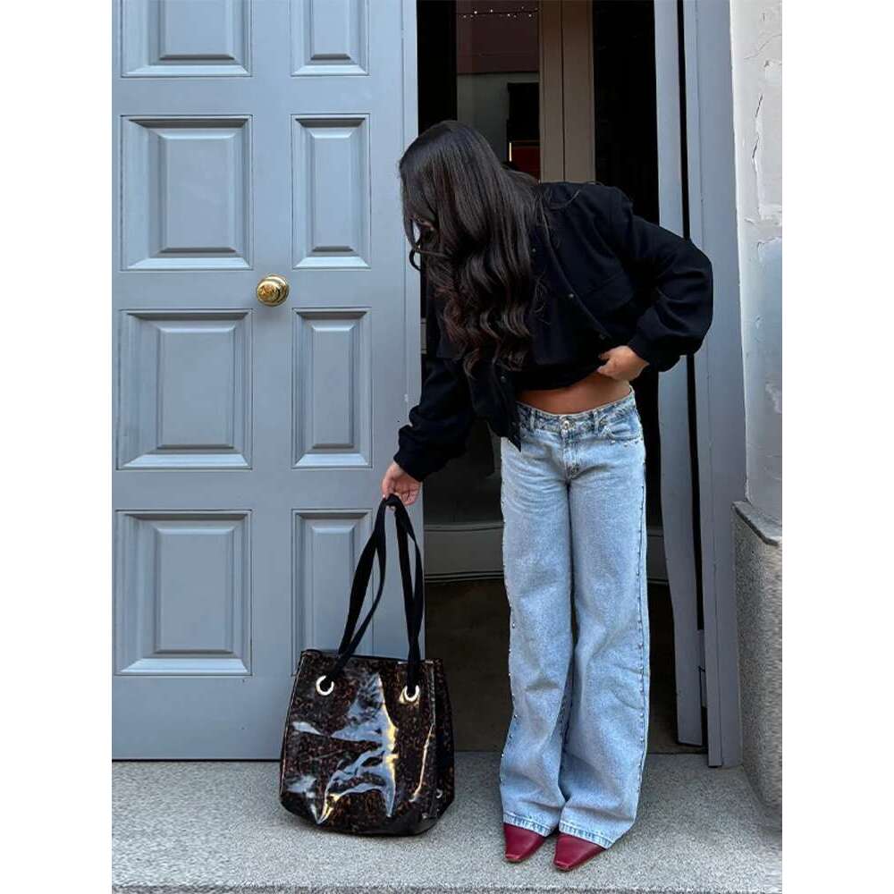 Leopard Print Star Beading Women Denim Pants Metal Rivet Low Rise Straight Wide Leg Jeans Dragging Vintage High Street Pant