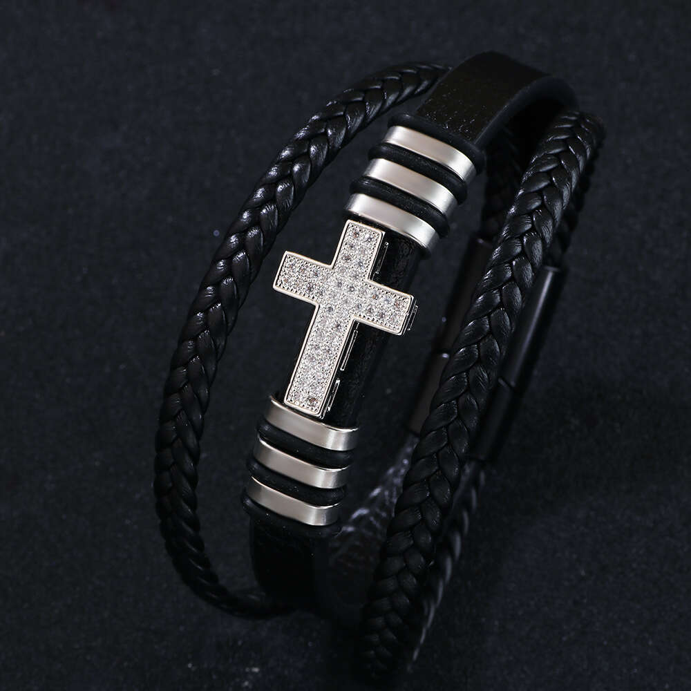 Copper inlaid zircon cross bracelet, fashionable PU leather rope, hand woven alloy bracelet jewelry