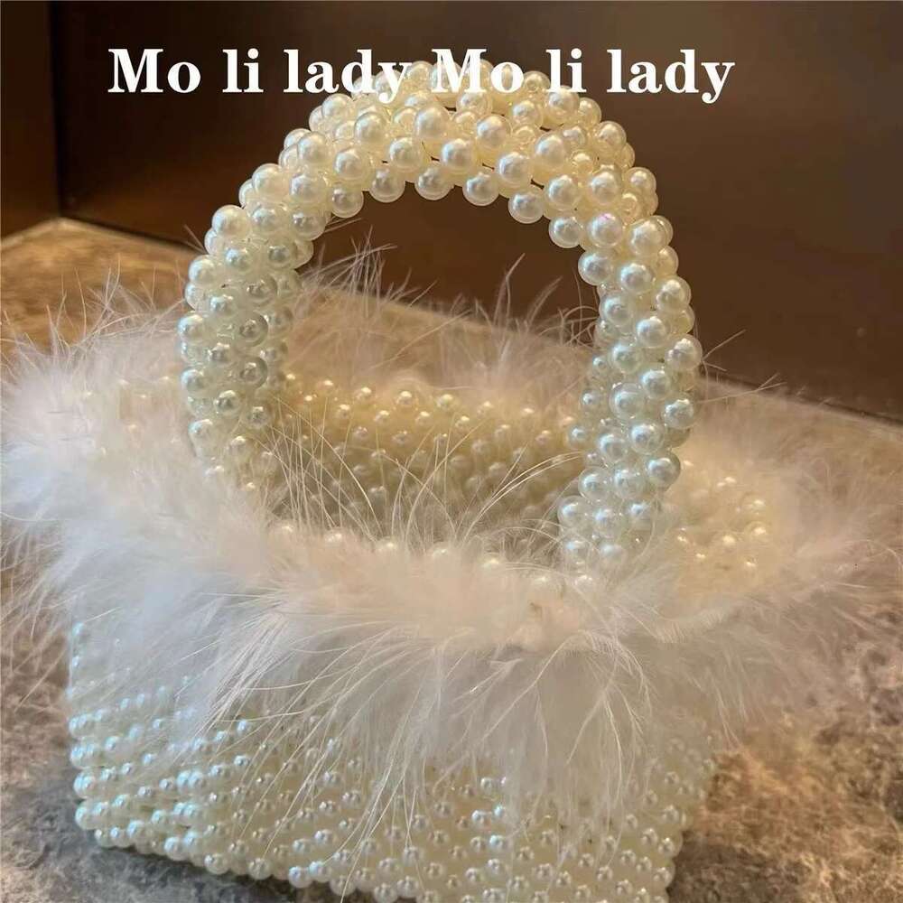 Designer Bag 2025 High Quality Pearl Beading Woven Handmade Women Handbag Ostrich Hair Evening Wedding Party Clutch Purse Shoulder Bag Luxury Bag