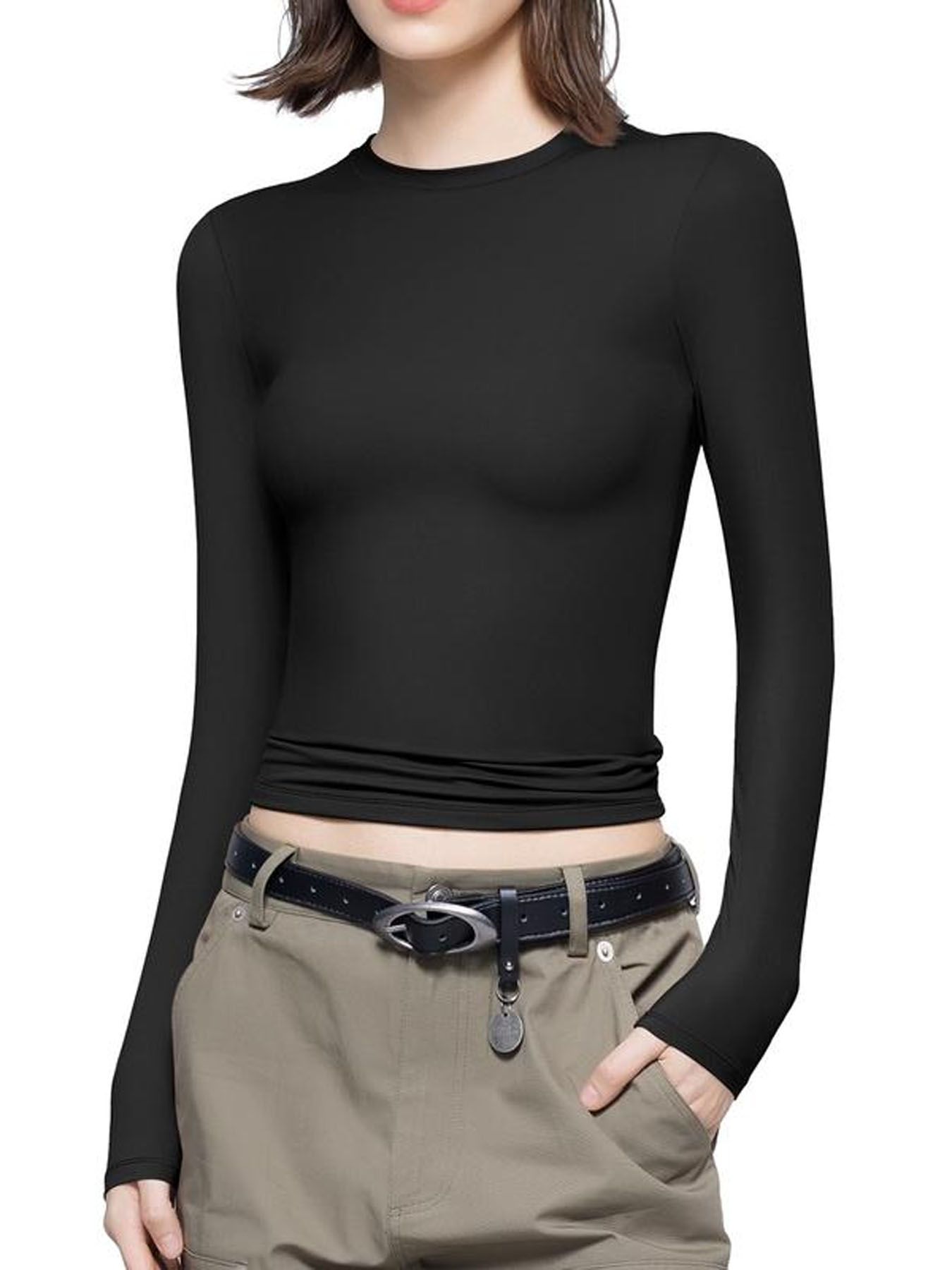 Modern Tight-Fitting Long-Sleeve Top for Women - Short Length---0803