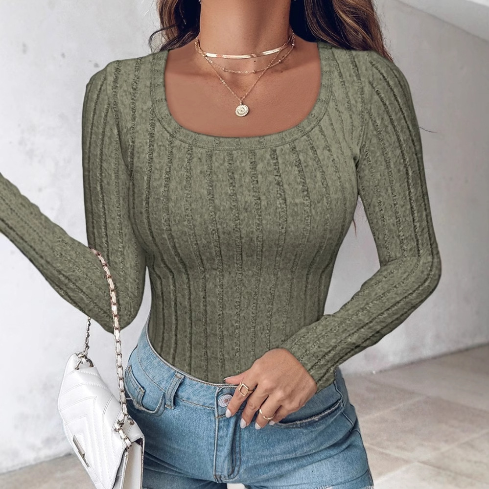 2024 autumn temperament slim fit long sleeved solid color round neck T-shirt top womens clothing