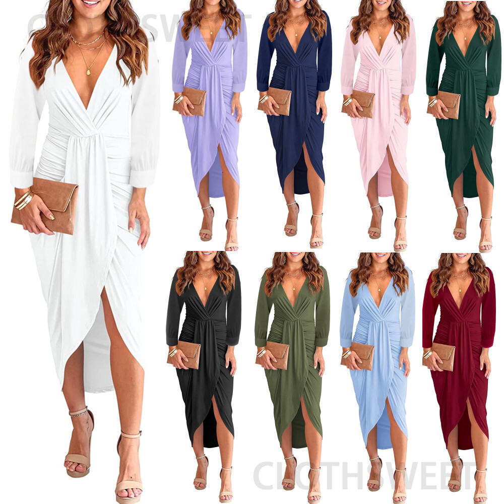 Autumn and winter 2022 solid color V-neck pleated buttock split womens dress women