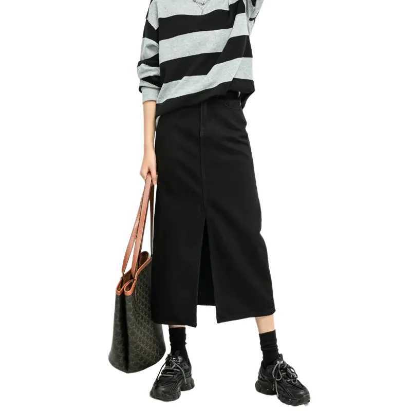 Split style denim womens high waisted loose A-line skiing Korean elegant black skiing spring fashion mid length skiing M250424