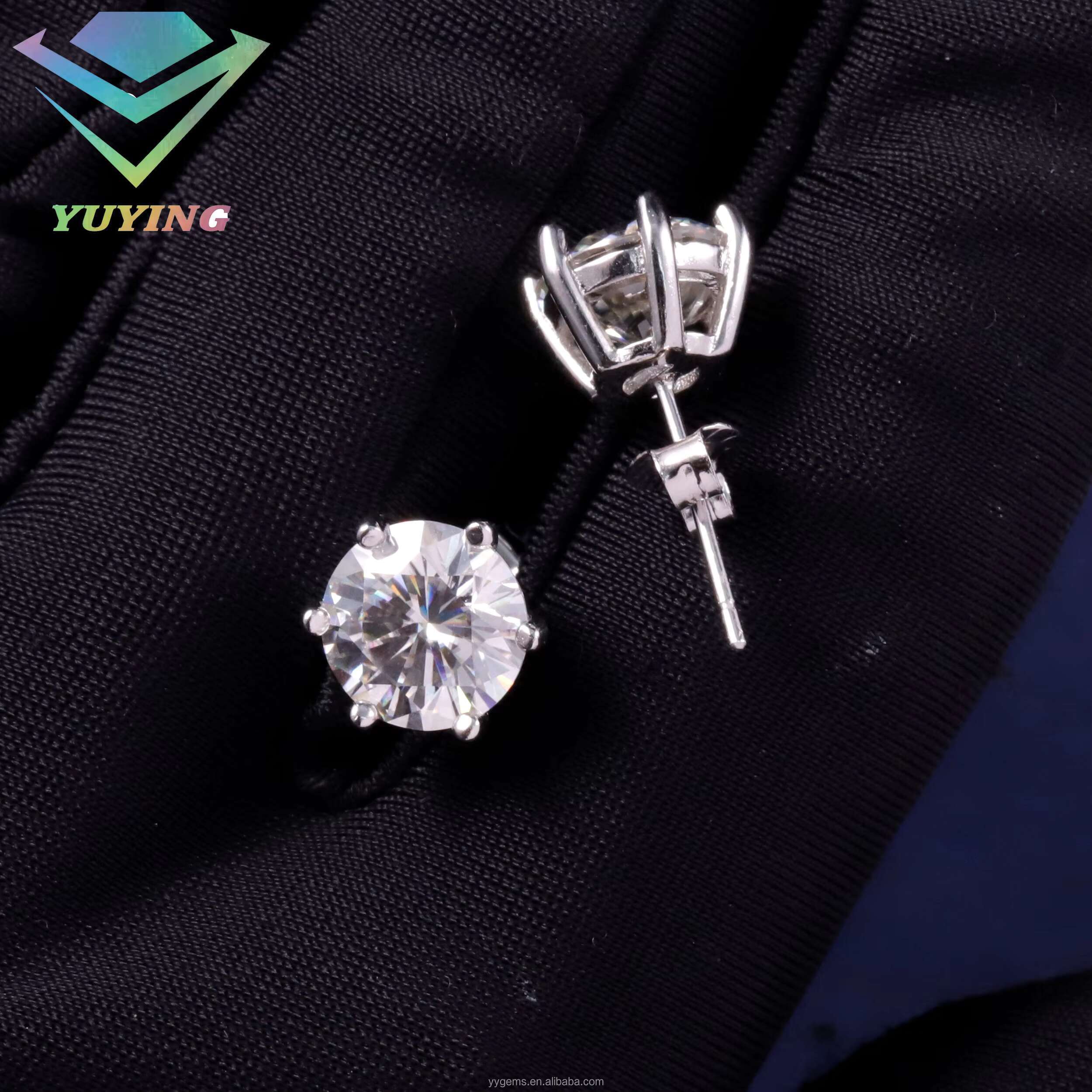 Yu Ying 0.3ct-2ct Moissanite Diamonds 925 Silver Earrings Stud Classic 6 Prongs Setting D Color Vvs Moissanaite Stud Earrings