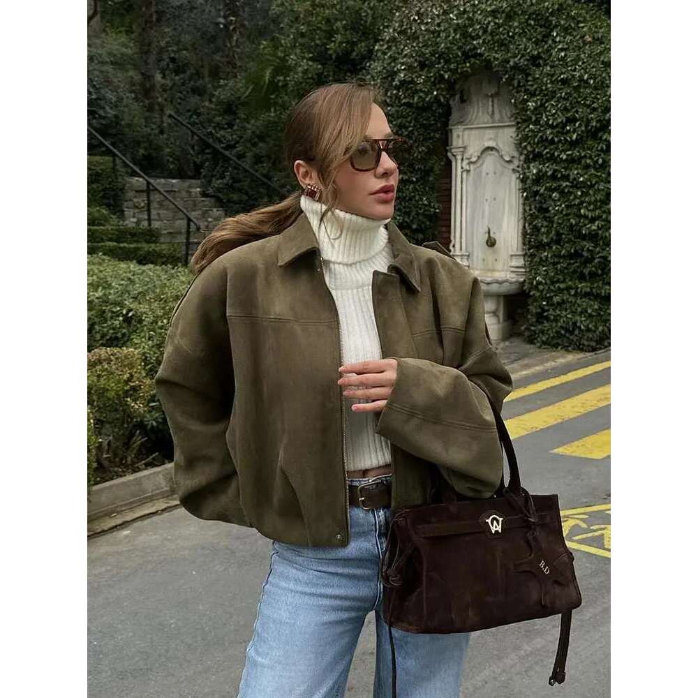 Designer Clothes TRAFZA Female New Spring Vintage Suede Texture Jackets Long Sleeves Solid Lapel Elastic Hem Zipper Fly Loose High Street Coats