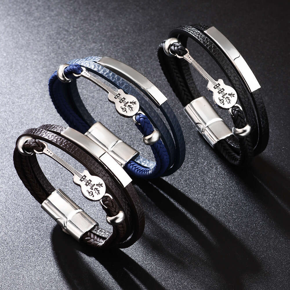 Punk trendy men's popular guitar PU leather fashionable multi-layer woven magnetic buckle bracelet