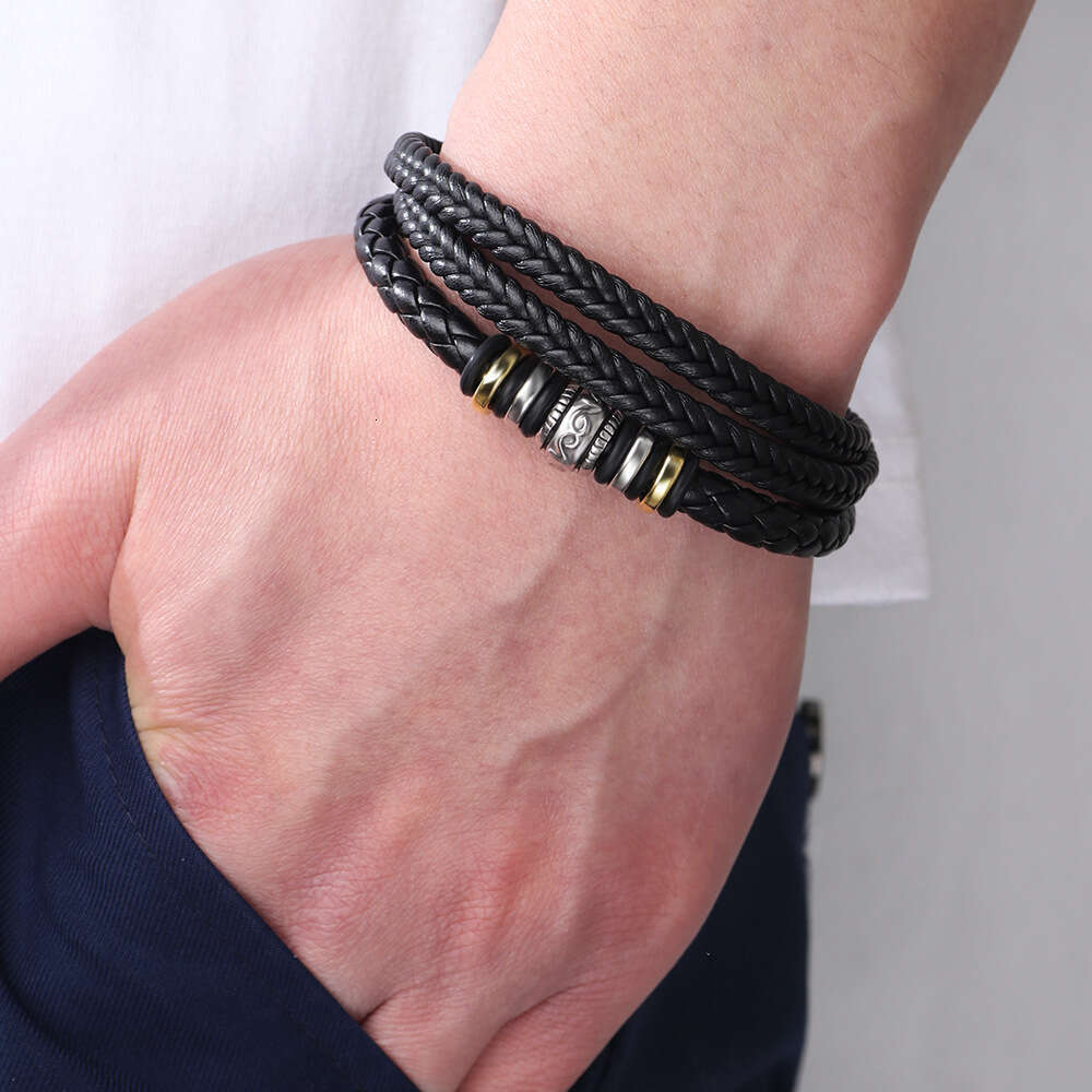 Leather laser metal ring magnetic buckle multi-layer woven PU leather bracelet sample
