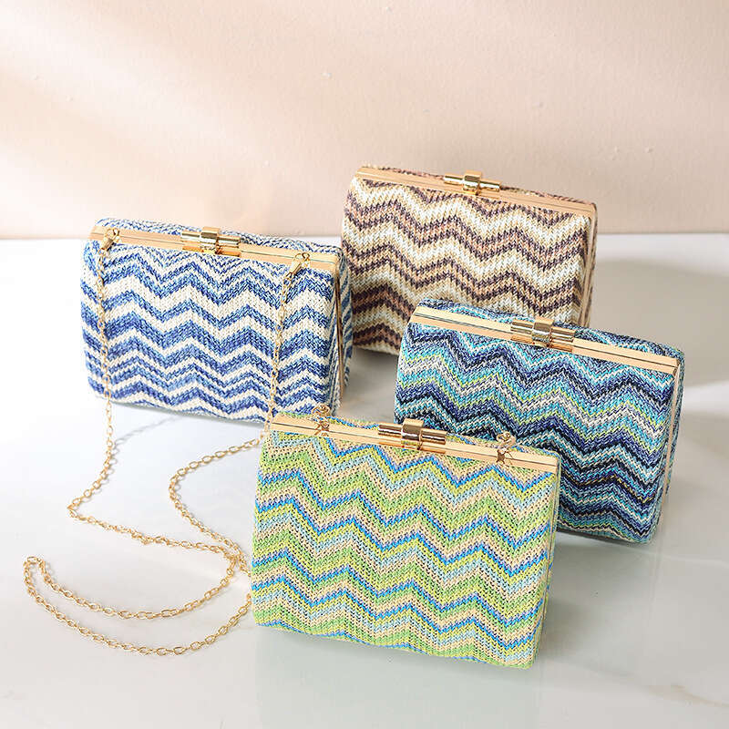 Dinner Bag Summer Fresh Grass Woven Women S Style Single Shoulder Strap Chain Dinner Wrap Pattern Ripple Square Bag Handheld KQ