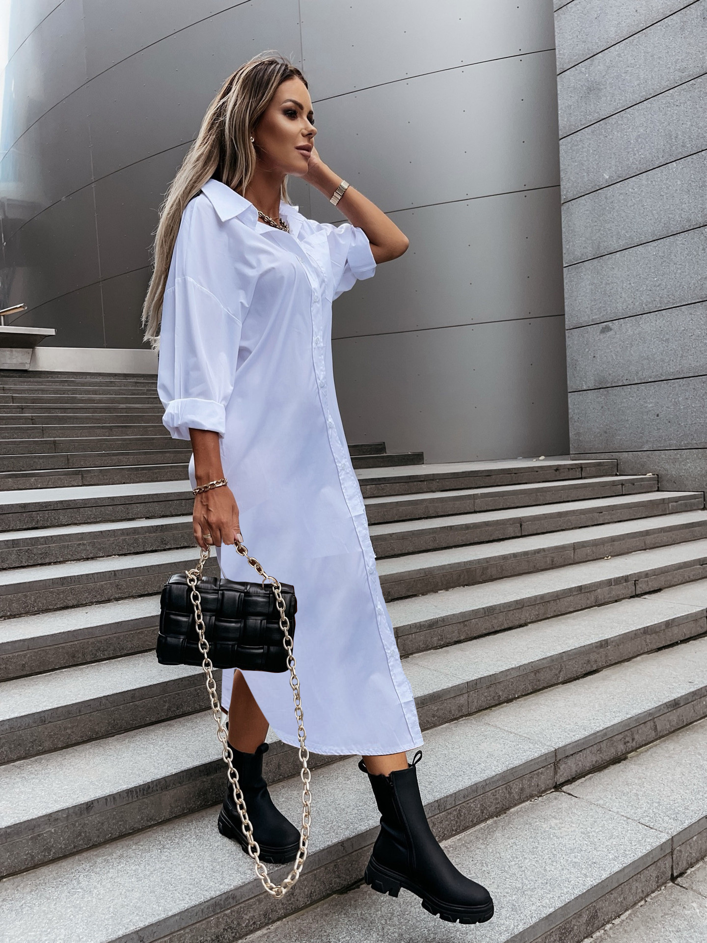 2024 autumn fashion slit loose casual solid color shirt skirt womens clothing