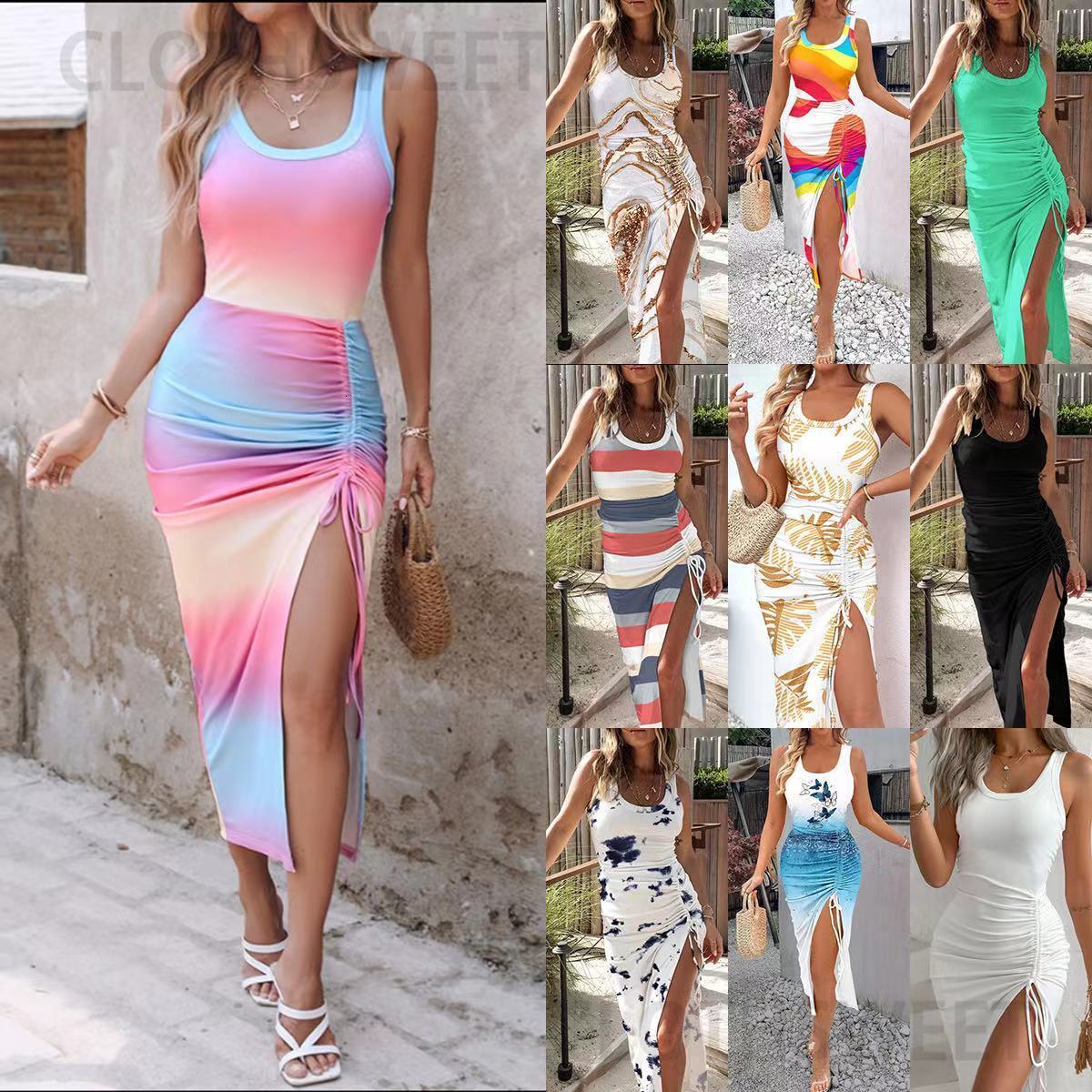 2024 new summer waist cinching sexy slit mid length vest dress for women
