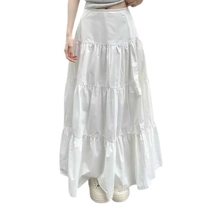 Y2k womens skiing retro high waisted elastic patch work white chic long cake A-line skiing streetwear M250424