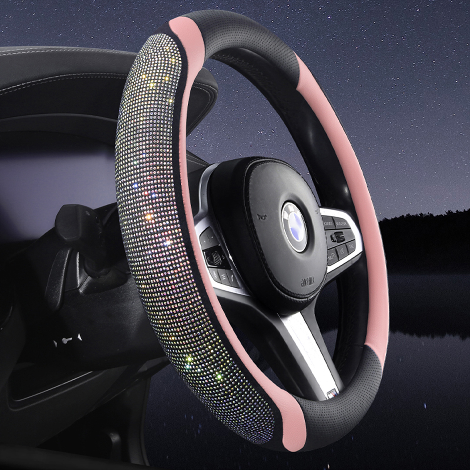 Leather Steering Wheel Cover for Women & Girls | 15inch/38cm Universal Anti-Slip Bling Wheel Protector | Crystal Rhinestone & Rainbow Diamond Decor | 