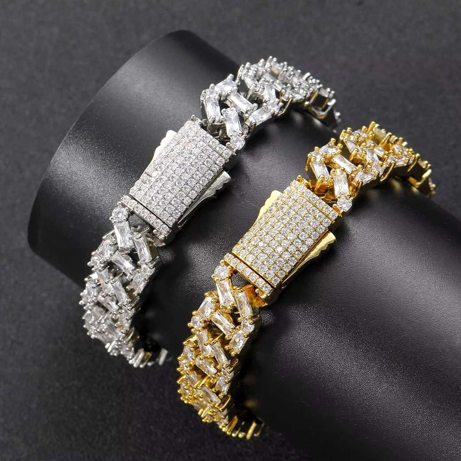 Wholesale Hip Hop 13MM Iced Out Cuban Chain 5A Cubic Zirconia Stone Brass Bracelet Necklace Men and Women