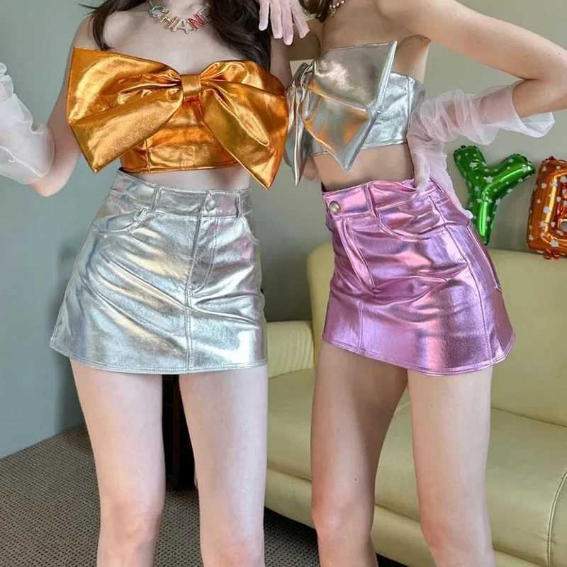 Shestyle Zipper Flight Pocket A-Line Skiing Womens Pink Preparatory Style Y2K High Waist Mini Hot Girl Silver Party Bottom New M250424