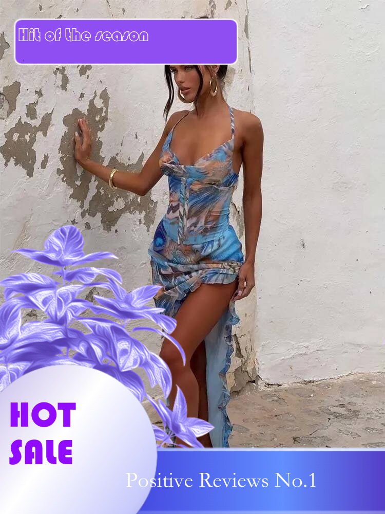 Dongdumaoyi Townlike Ruffles Asymmetric Maxi Long Dress Women Halter Spring Summer Print Backless Nightclub Sexy Party Dresses