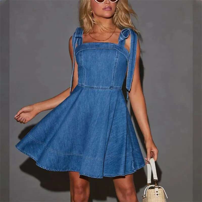 2024 Fashion Lace-Up Shoulder Straps Denim Dresses Summer Casual Backless Dress Female High Waist Suspenders Pleated Short Gown