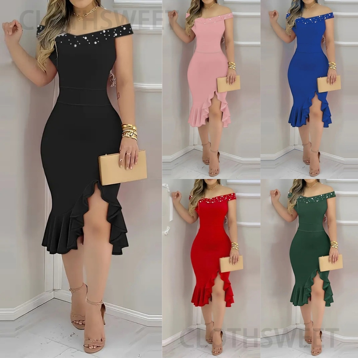 2025 New Summer Fashion Tight Bag Hip One Shoulder Lotus Leaf Edge Dress Womens Wear