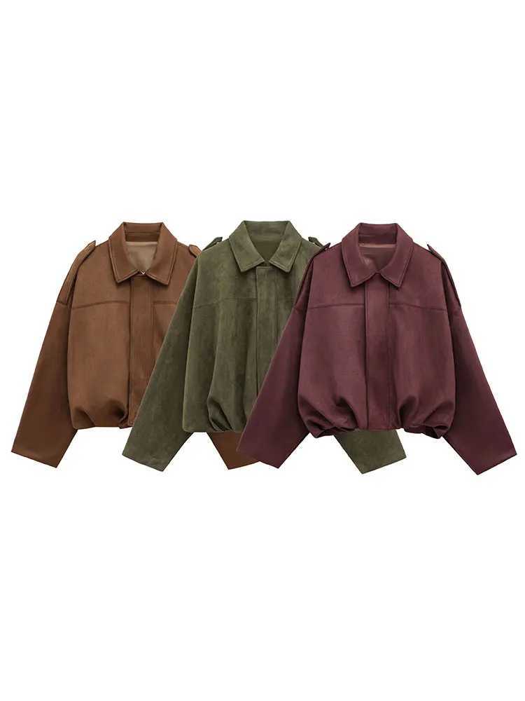 HH Women Brown Green Suede Jacket Loose Casual Bomber Coat Lapel Zipper Long Sleeve Jackets Vintage Lady Motorcycle Outwears J251124