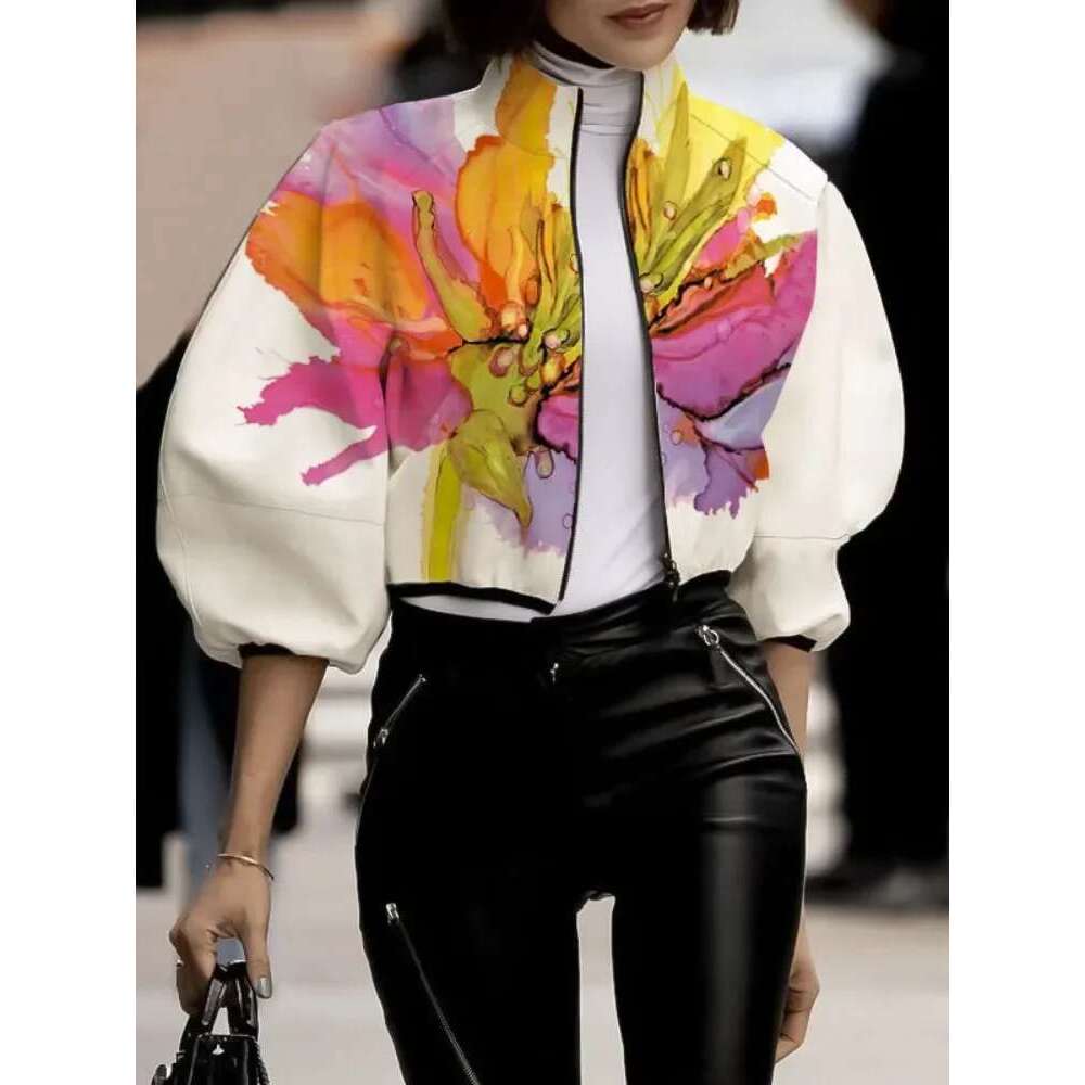 Designer Clothes Women's Autumn New Jacket Floral Printed High Neck Puff Sleeves Coat Zippered Half Sleeve Loose Fit Outerwears