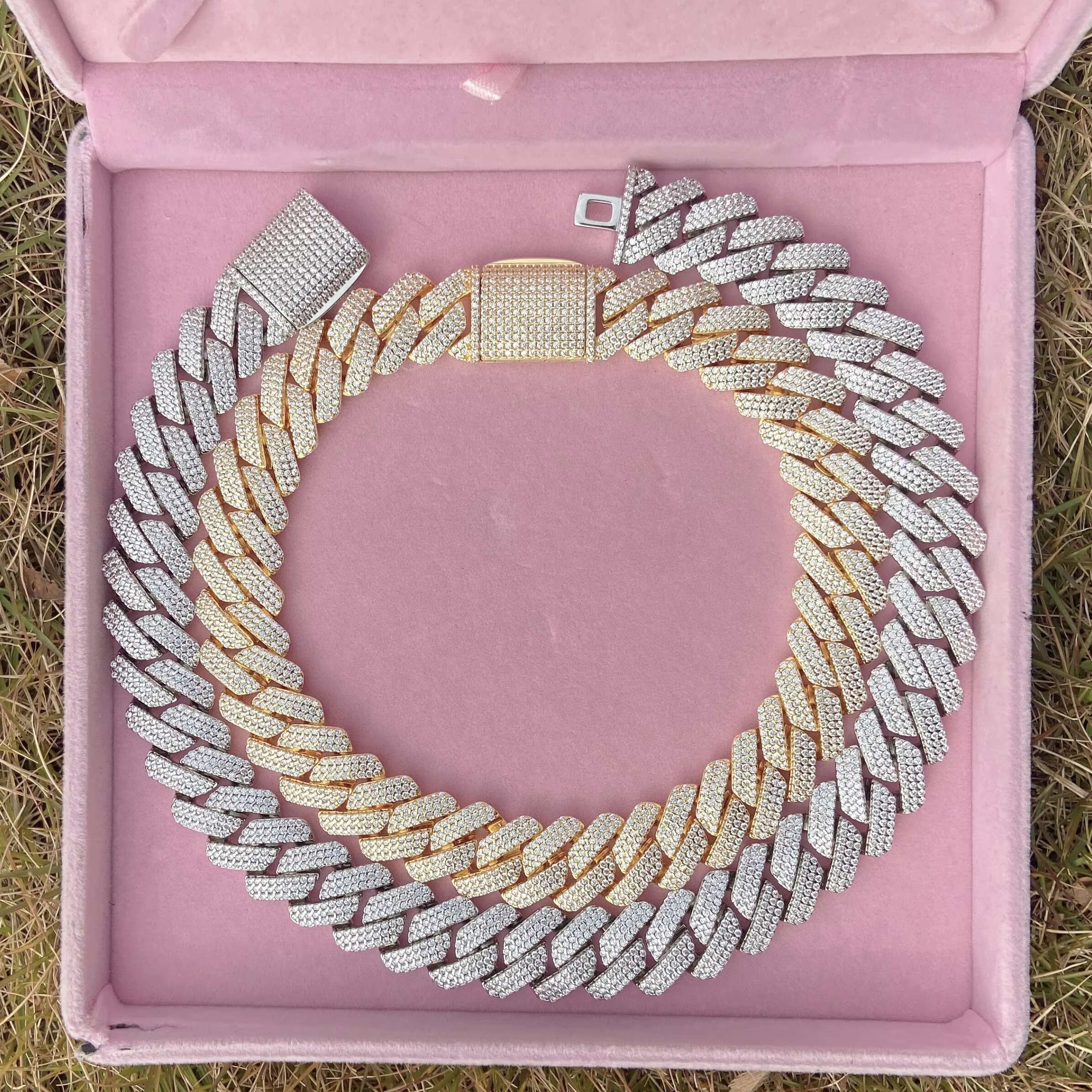 Bling 14k18k Gold Plated CZ Iced Lab Grown Diamond Hiphop Jewelry 19mm Heavy Prong Cuban Link Chains Trendy Rhodium Rope Pearl