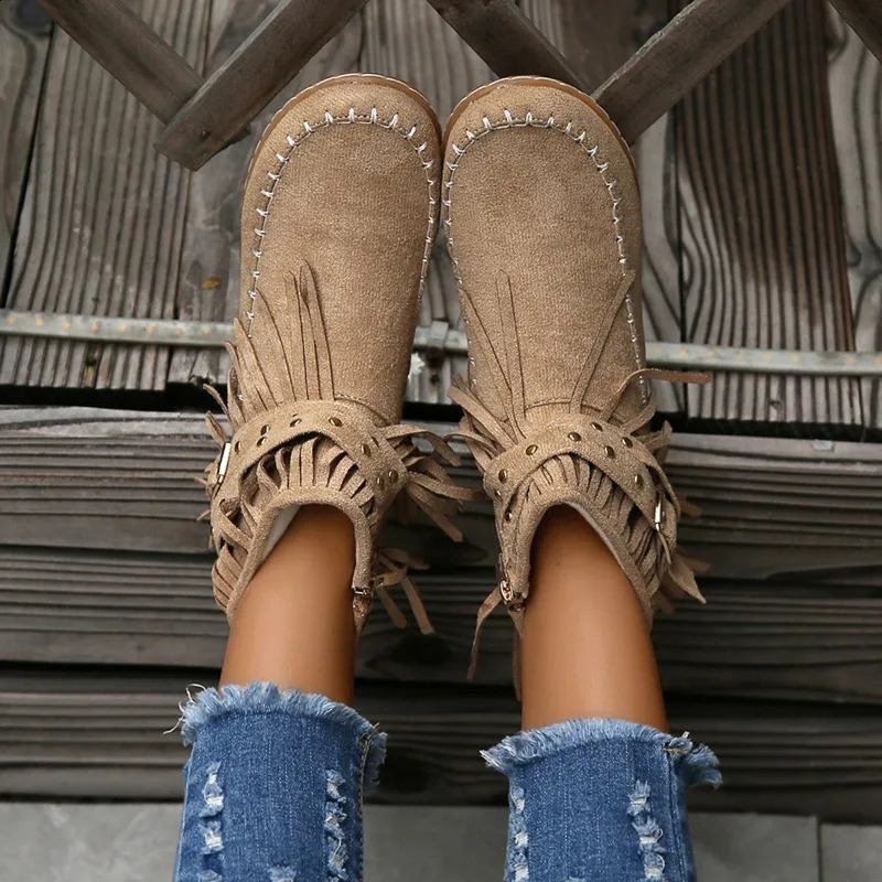 Botines Autumn Women Shoes Flat Heel Ankle Boots Retro Suede Tassel Women Boots Fashion Round Toe Soft Sole Short Boots Casual 250418